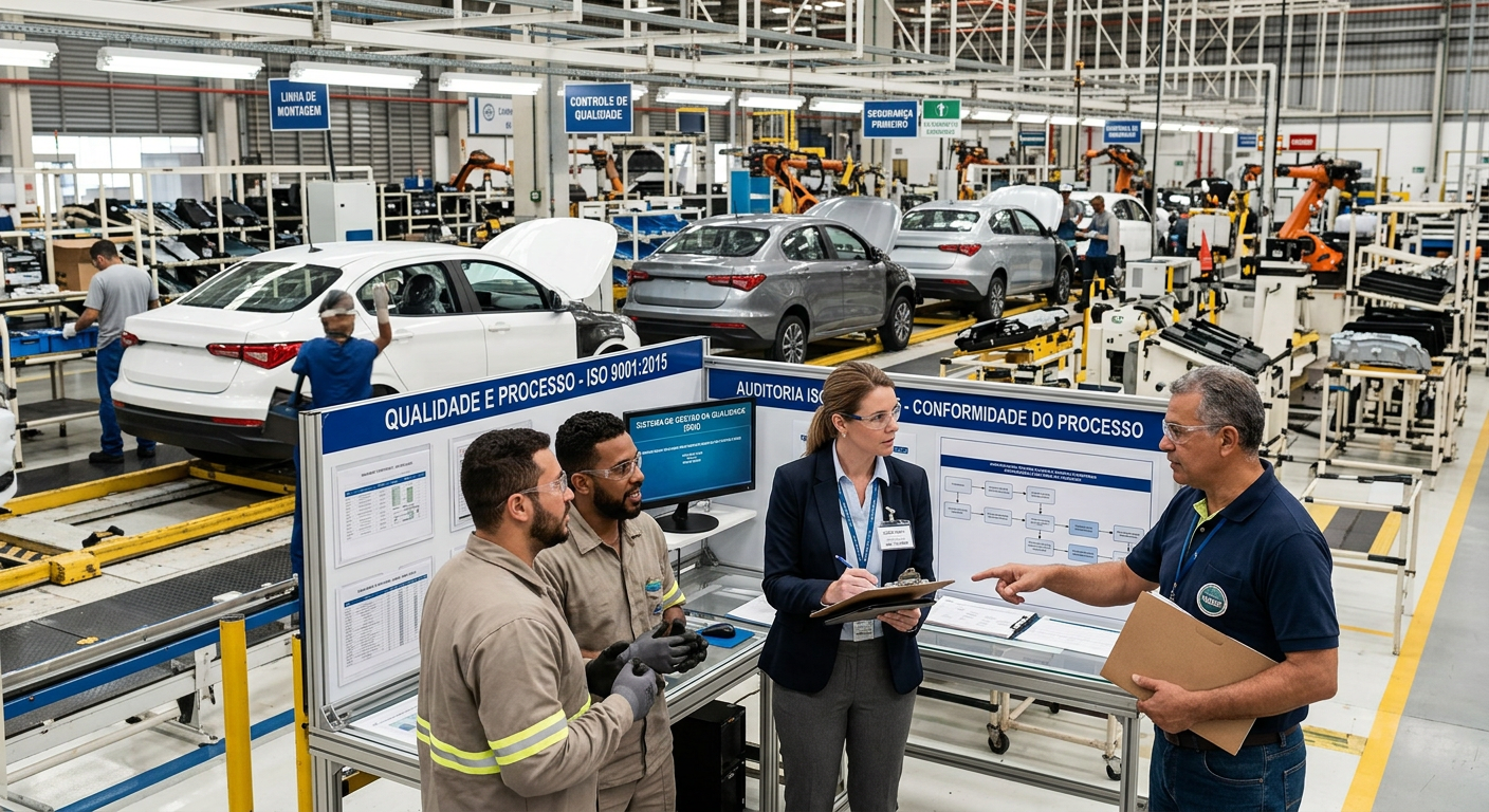 Equipe de auditores com capacete Audit Team e colete refletivo inspecionando processos produtivos na fábrica automotiva