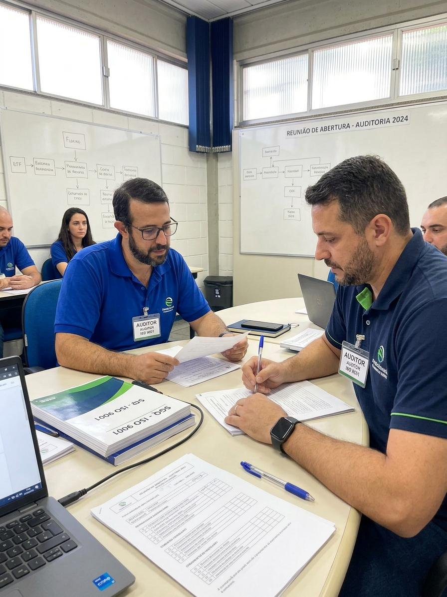 Consultores seniores e auditores de qualidade inspecionando tubulações e painéis de processo em planta industrial